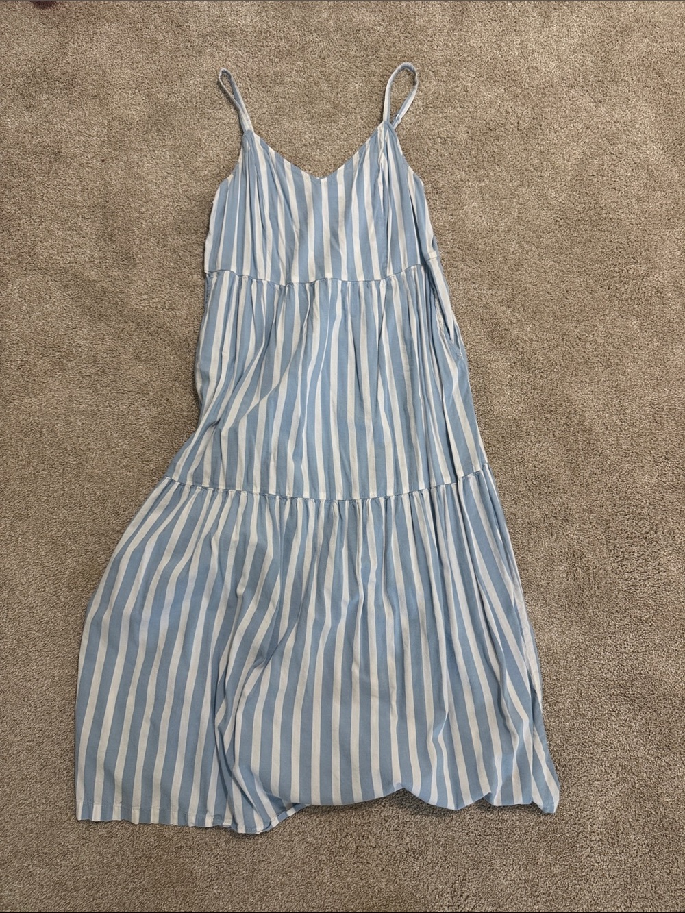 Old Navy Light Blue and White Striped Tiered Spaghetti Strap Maxi Dress